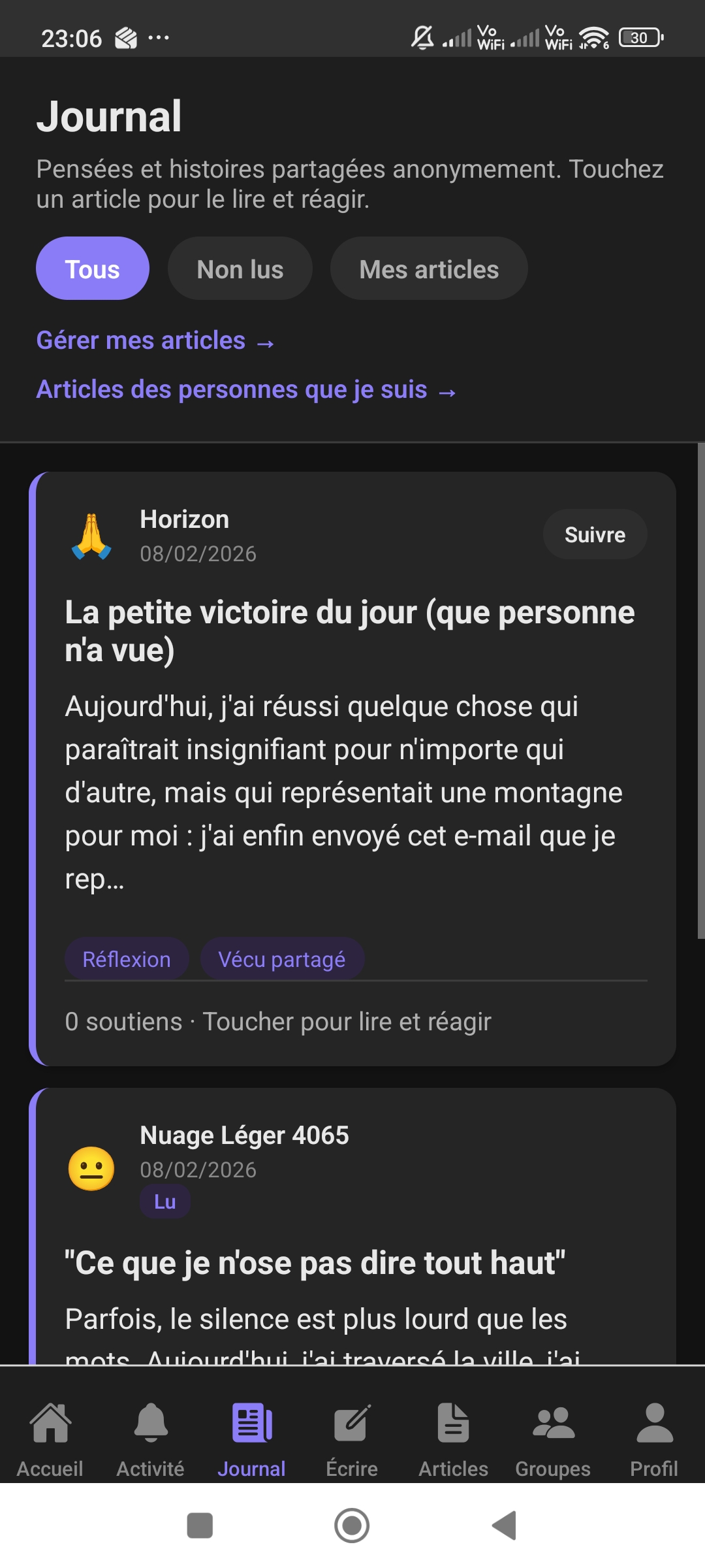 Écran journal de Journal Anonyme en mode sombre