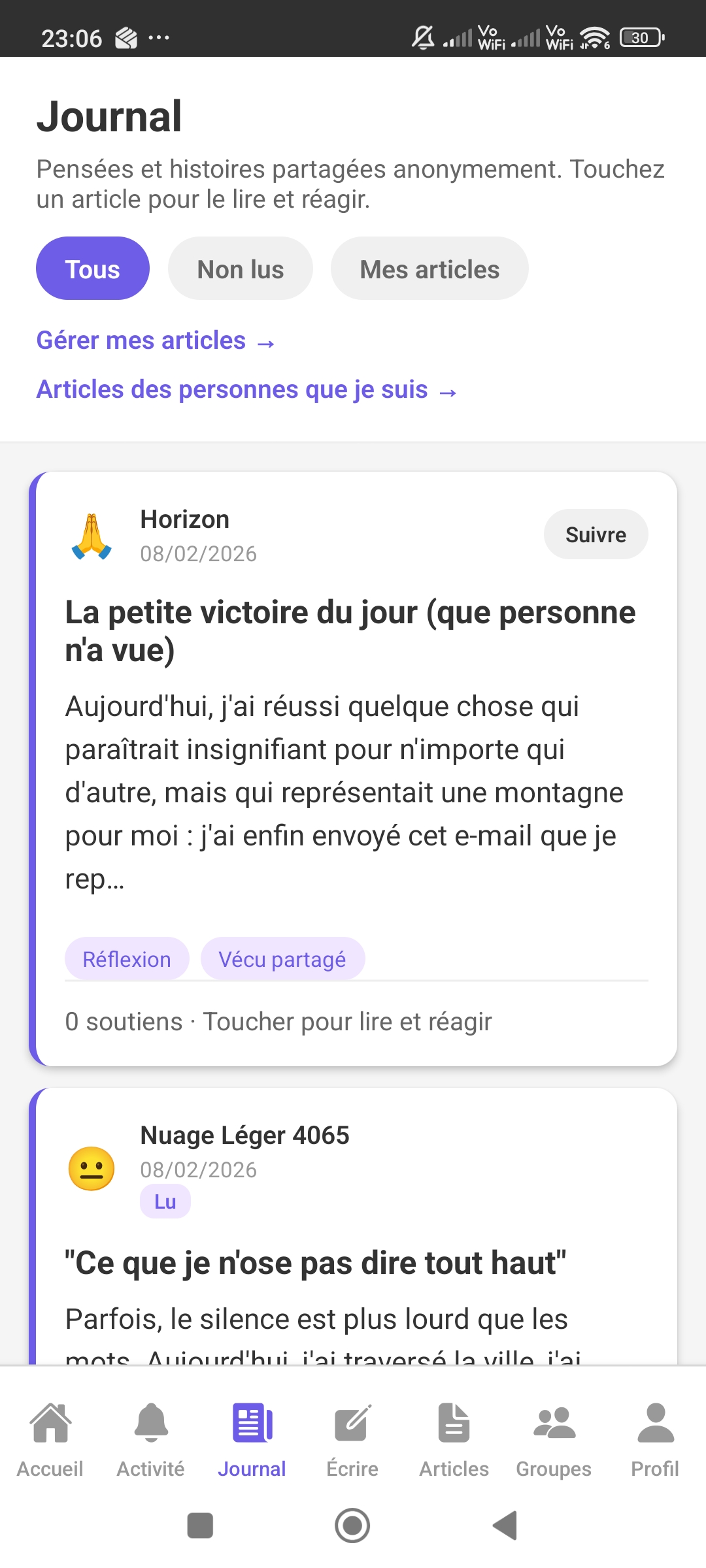 Écran journal de Journal Anonyme